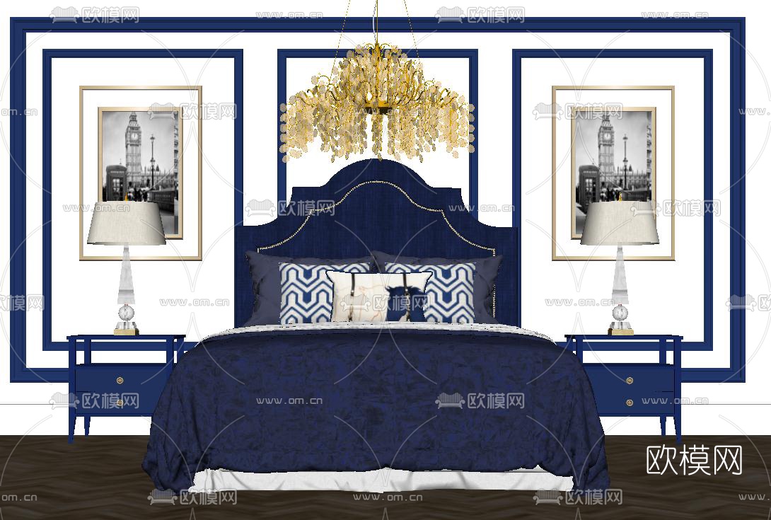 美式双人床床头柜su模型下载