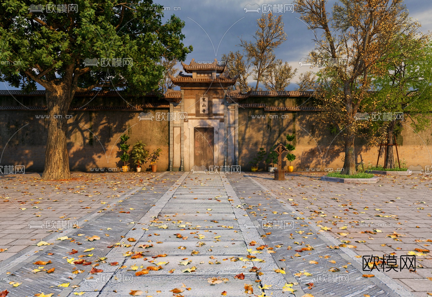 中式寒山寺院门面门头3d模型下载（渲染图1）