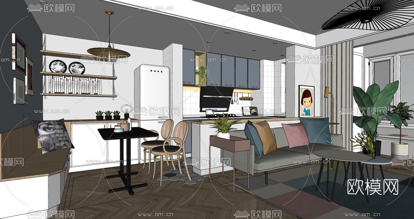 北欧客厅餐厅卧室su模型下载（渲染图2）