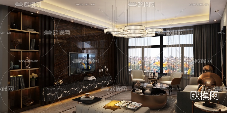 现代轻奢客厅餐厅3d模型下载(渲染图2)