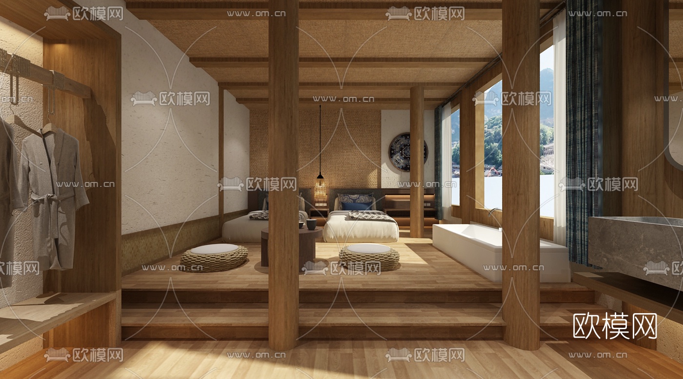 新中式民宿酒店双人房免费3d模型下载（渲染图1）