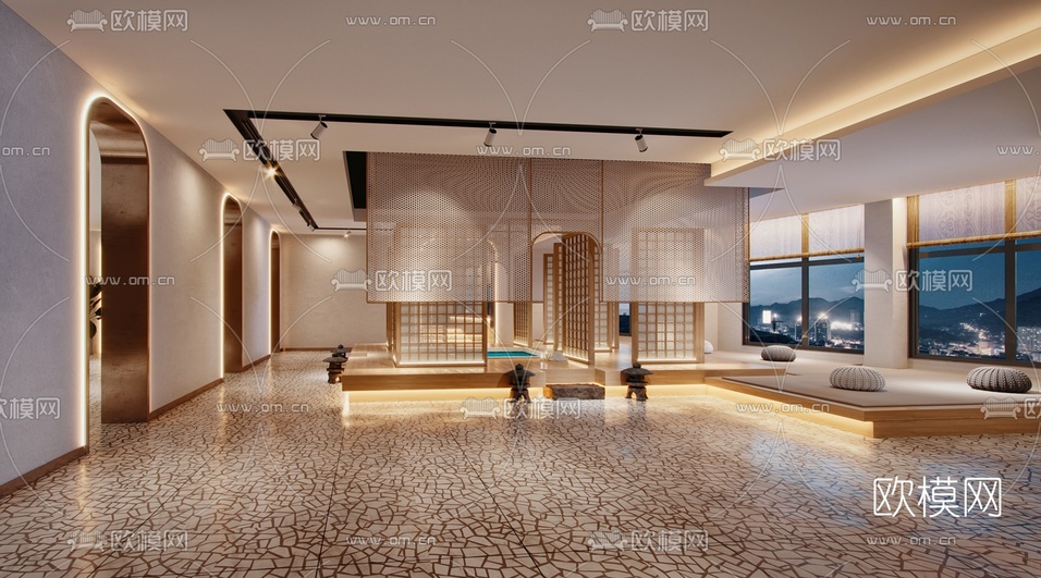 日式酒店会所休息区3d模型下载