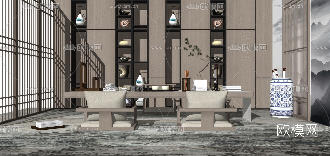 新中式茶桌椅su模型下载