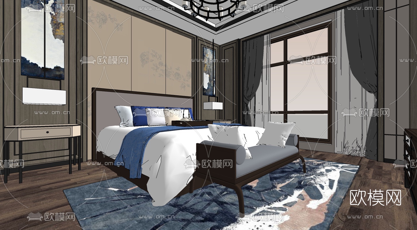 新中式主人房卧室su模型下载（渲染图1）