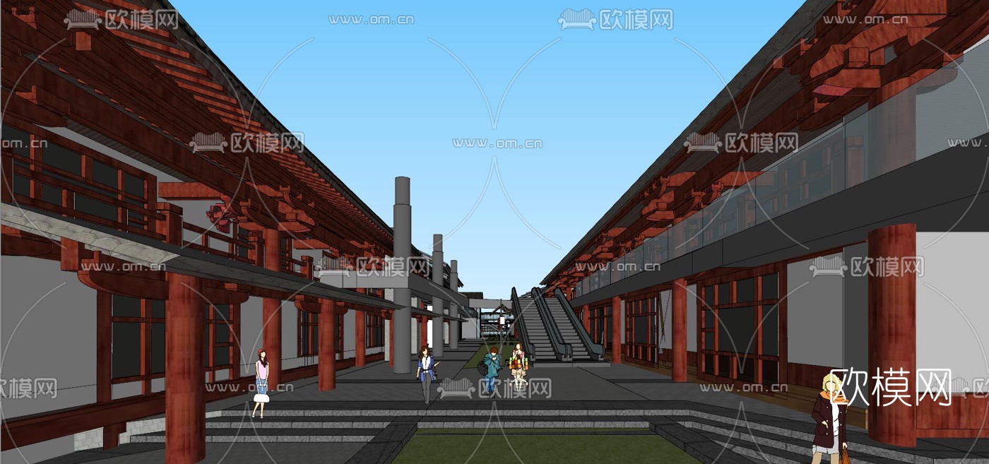 中式汉唐风商业街su模型下载（渲染图3）