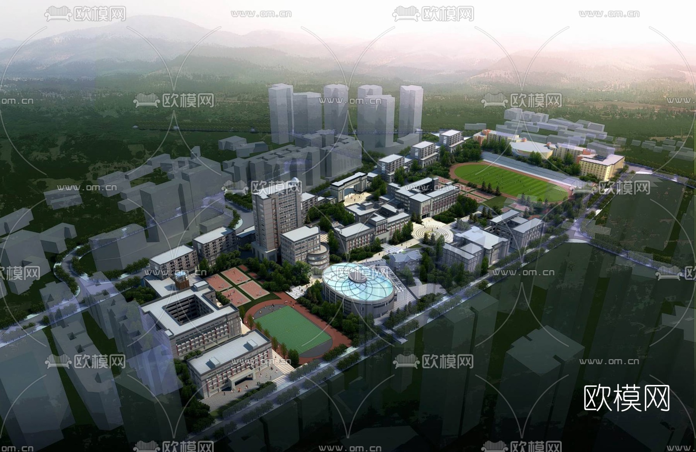 简欧学校鸟瞰3d模型下载（渲染图1）
