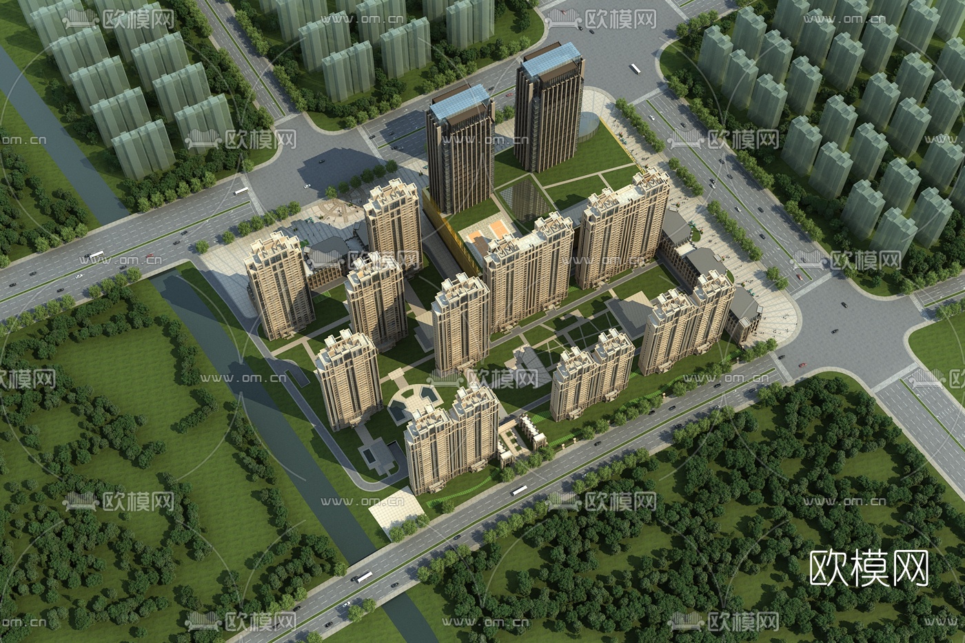 现代住宅小区鸟瞰3d模型