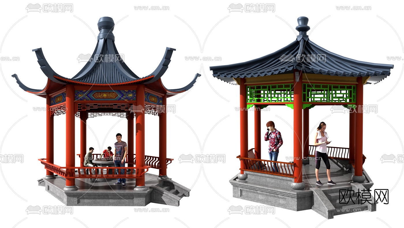 中式古建凉亭组合3d模型