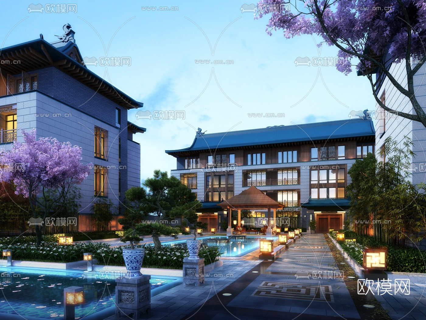 新中式别墅外观夜景3d模型