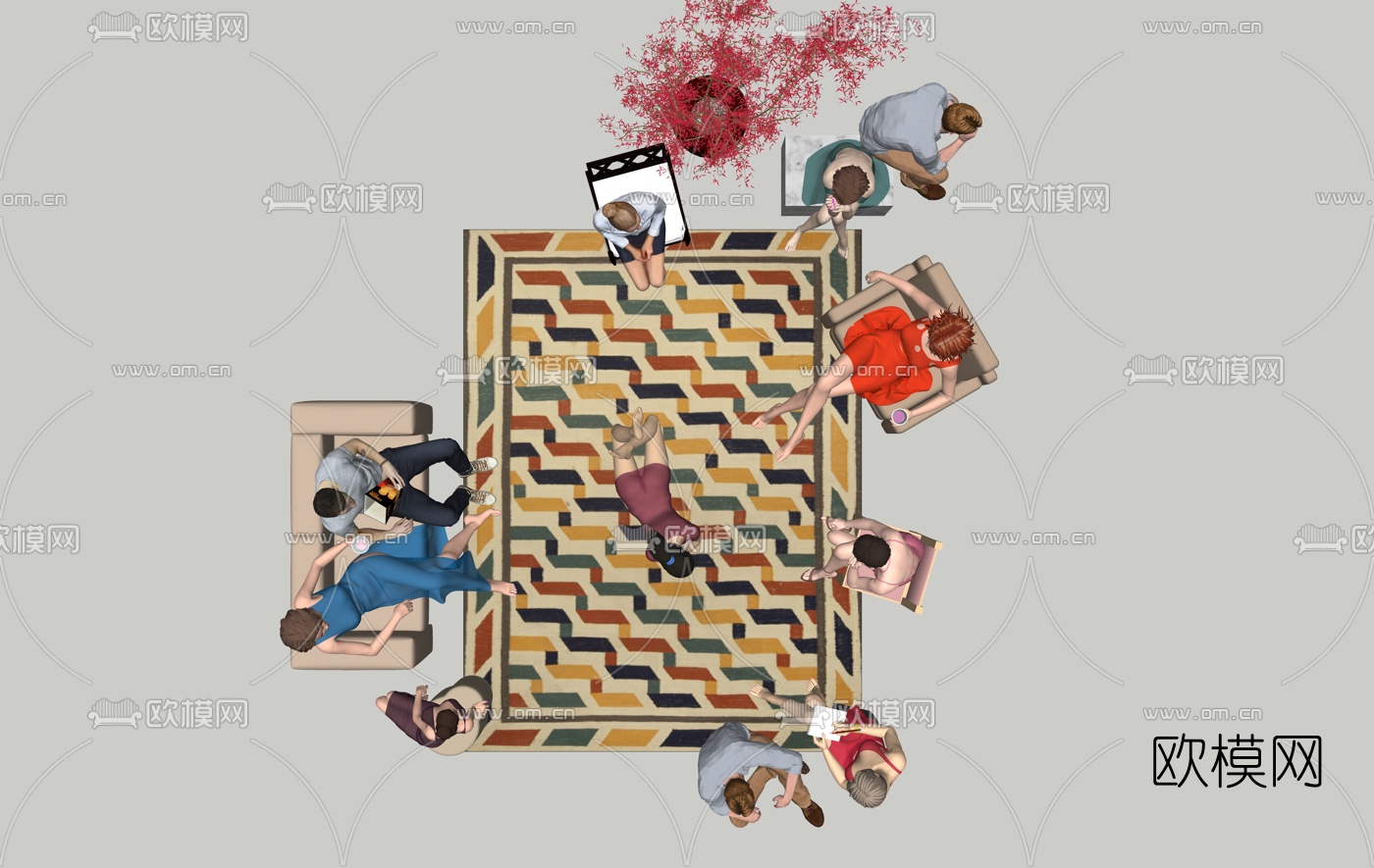 欧式坐姿人物组合su模型下载（渲染图2）