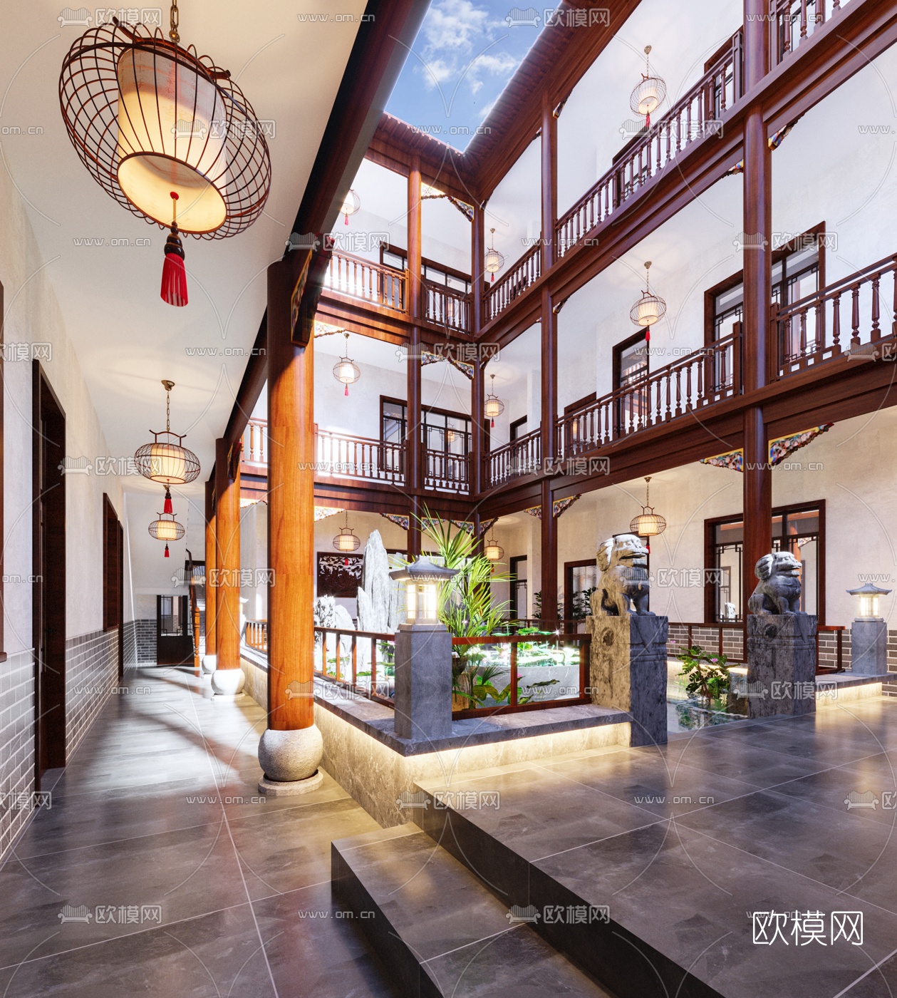中式酒店中庭3d模型