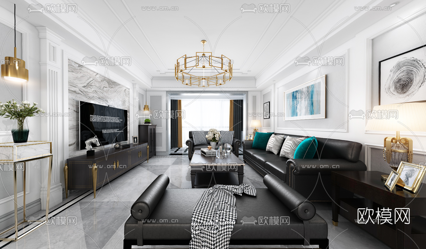 美式轻奢客厅餐厅vr全景3d模型