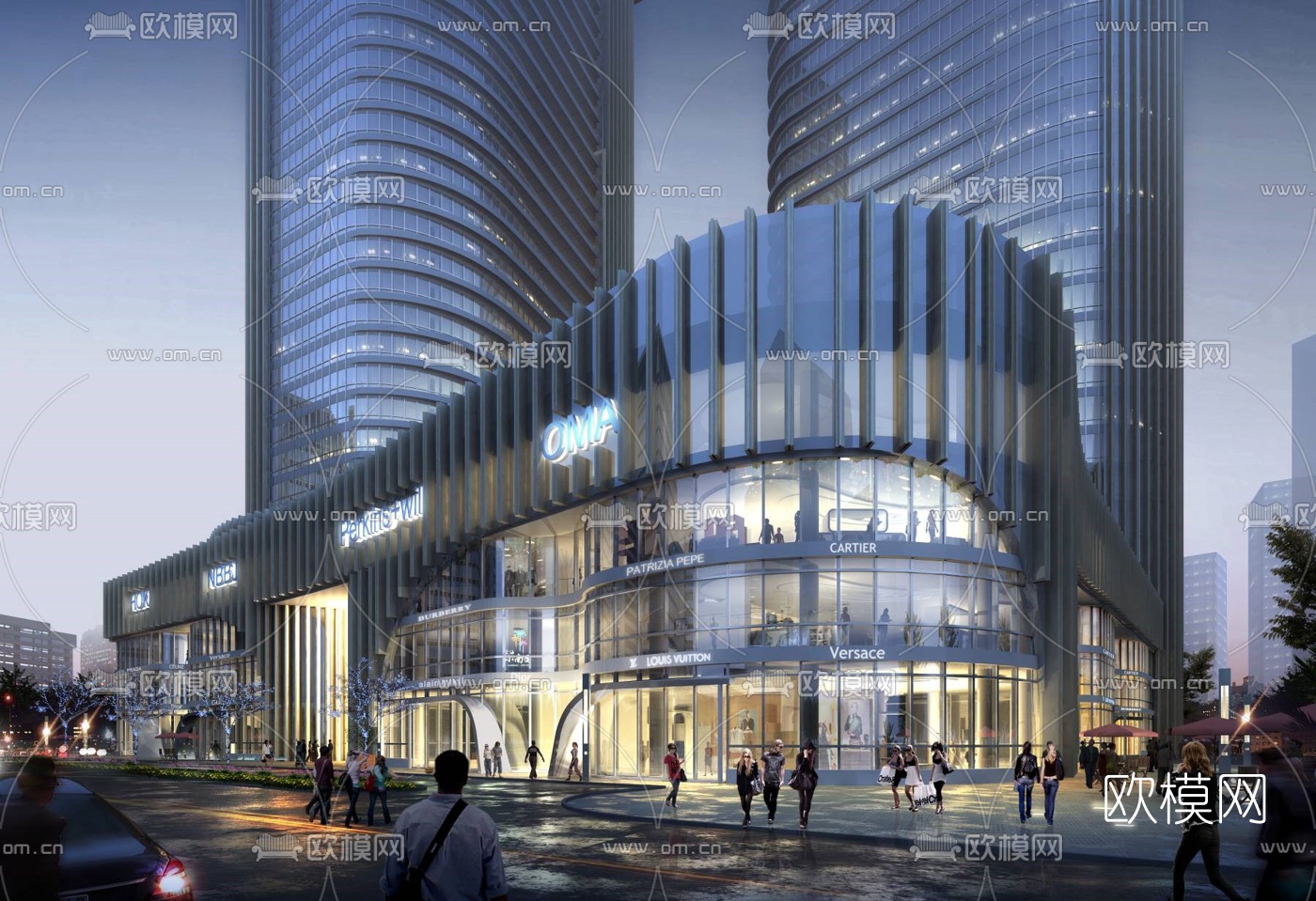 现代夜景商业街3d模型下载（渲染图1）