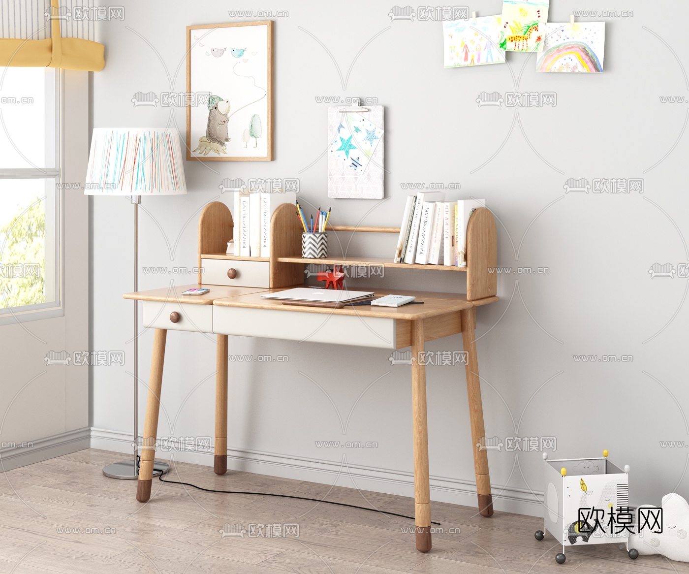 北欧原木儿童书桌3D模型下载（渲染图2）