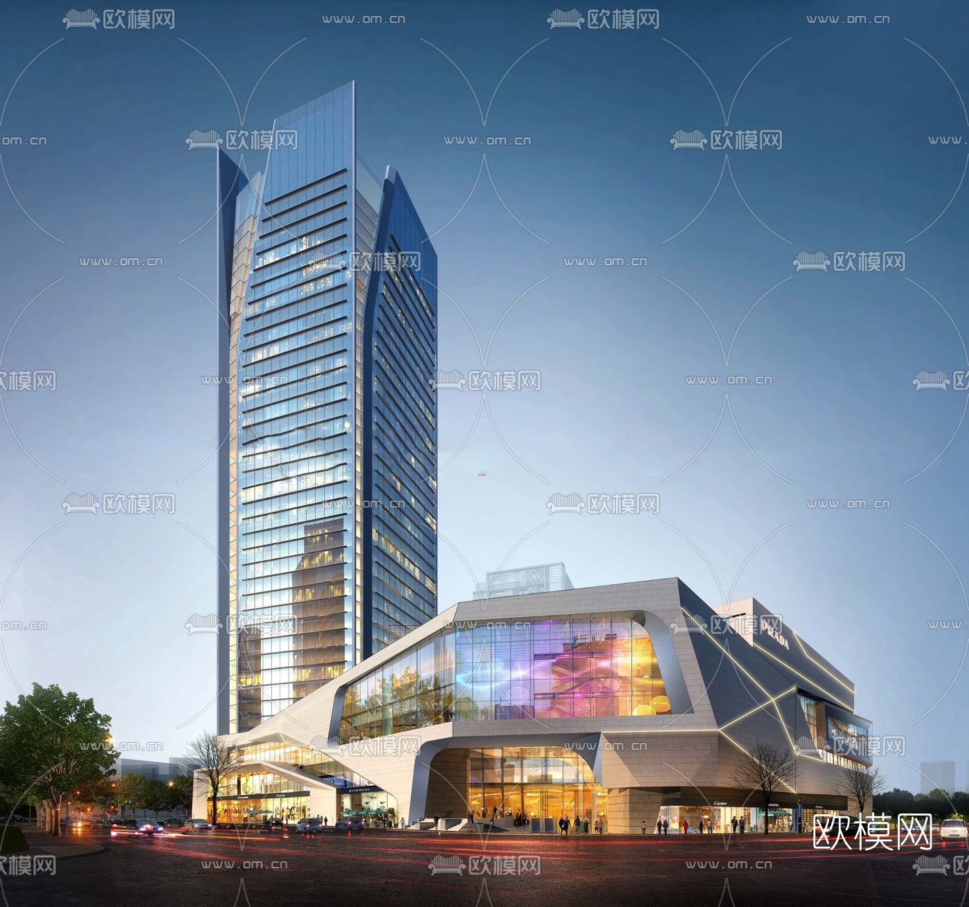 现代商住综合楼su模型下载（渲染图4）