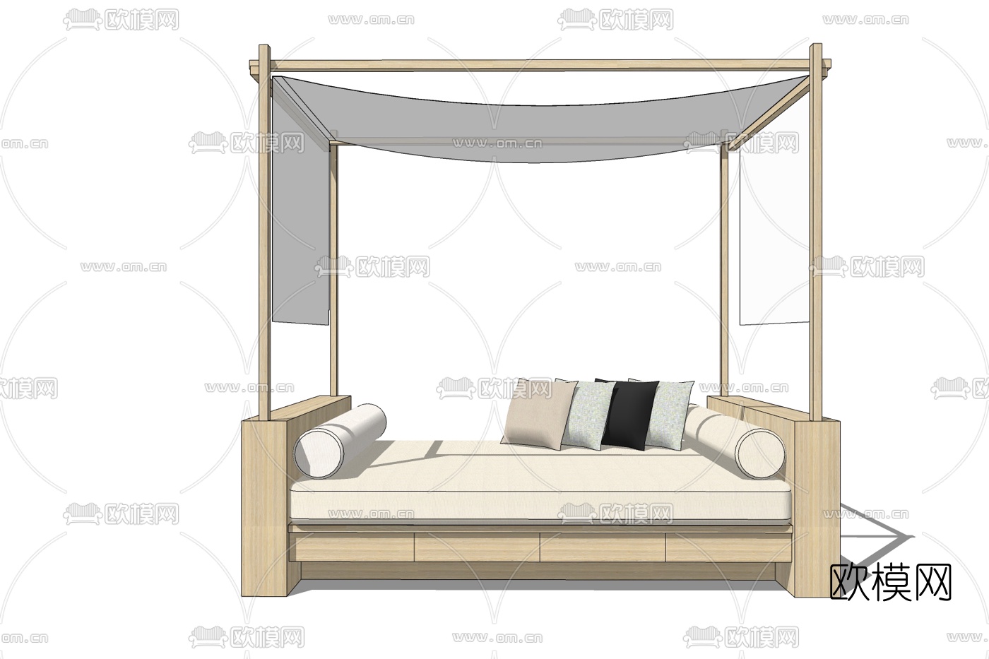 日式布艺双人床免费su模型下载