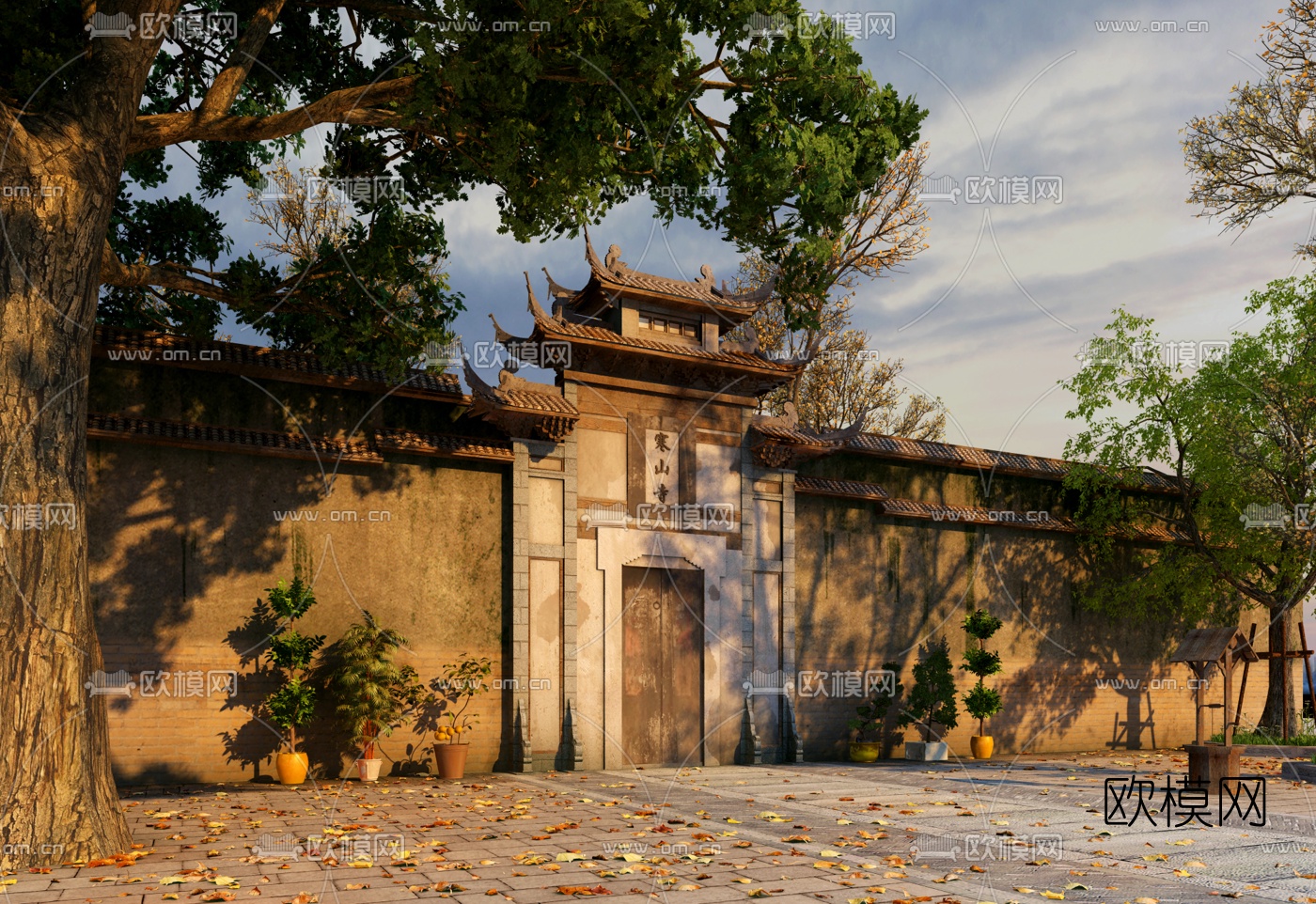 中式寒山寺院门面门头3d模型下载（渲染图3）