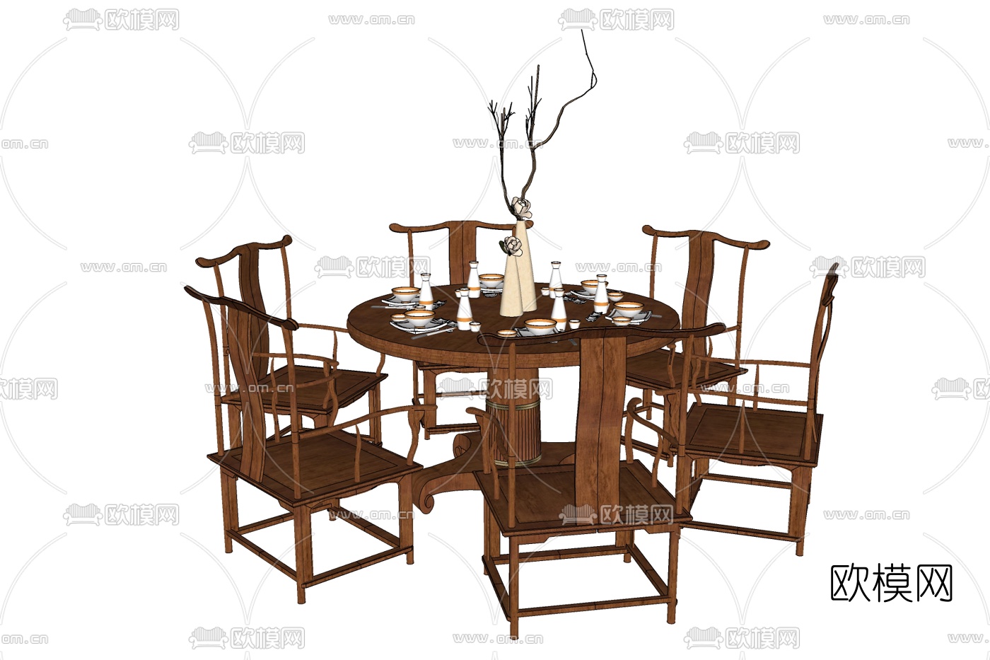 新中式实木餐桌椅免费su模型下载