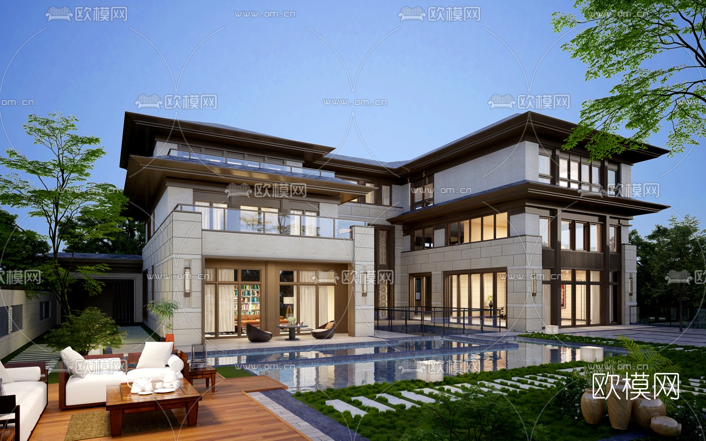 新中式别墅外观夜景3d模型下载