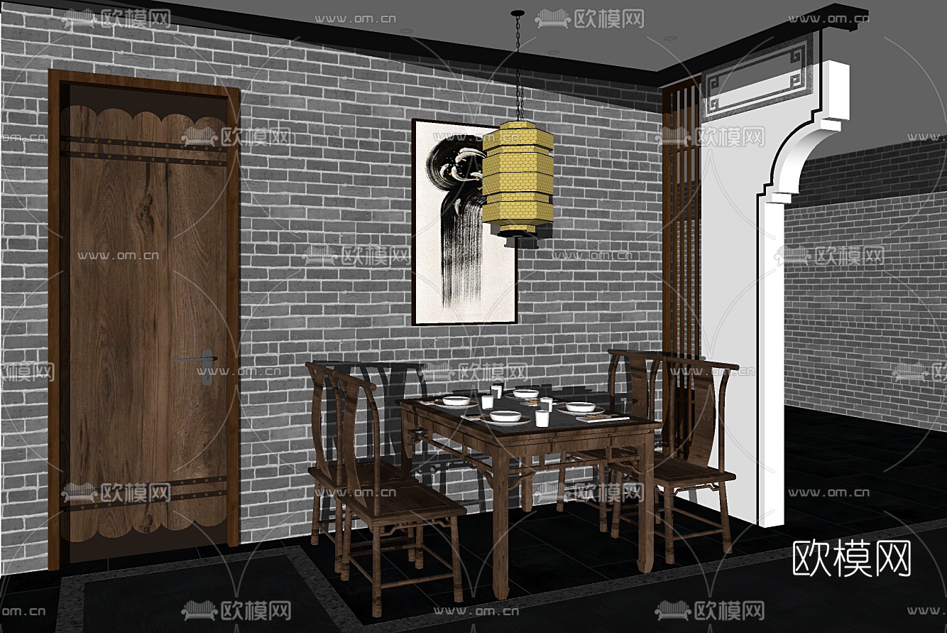 新中式徽派酒店餐桌椅su模型下载