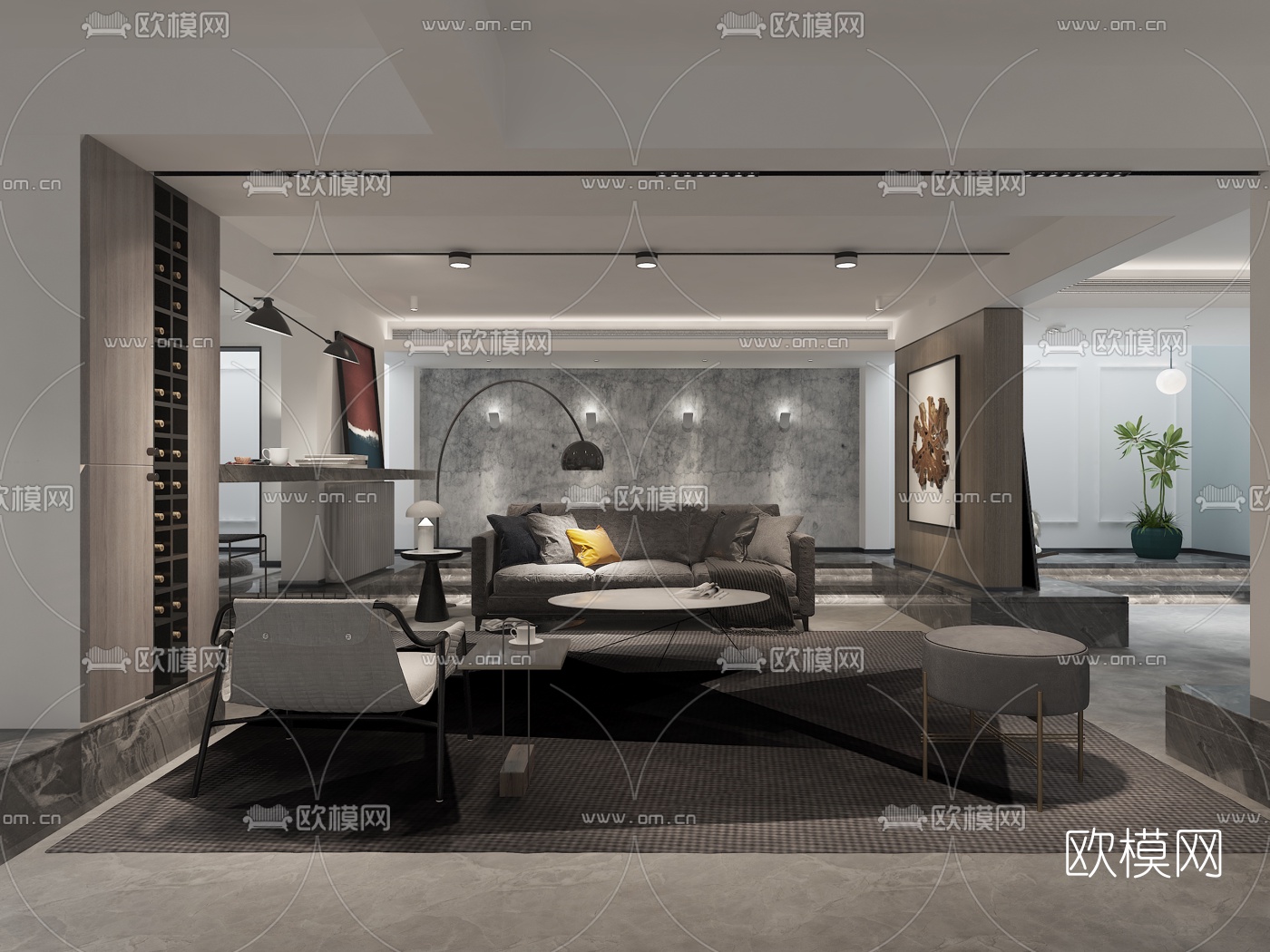 现代高级灰地下休闲室3d模型下载（渲染图1）