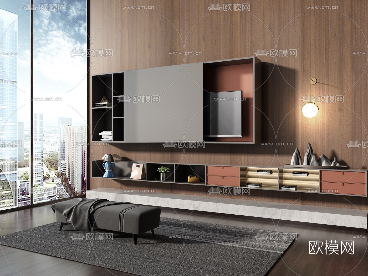 现代实木壁柜电视柜3d模型下载