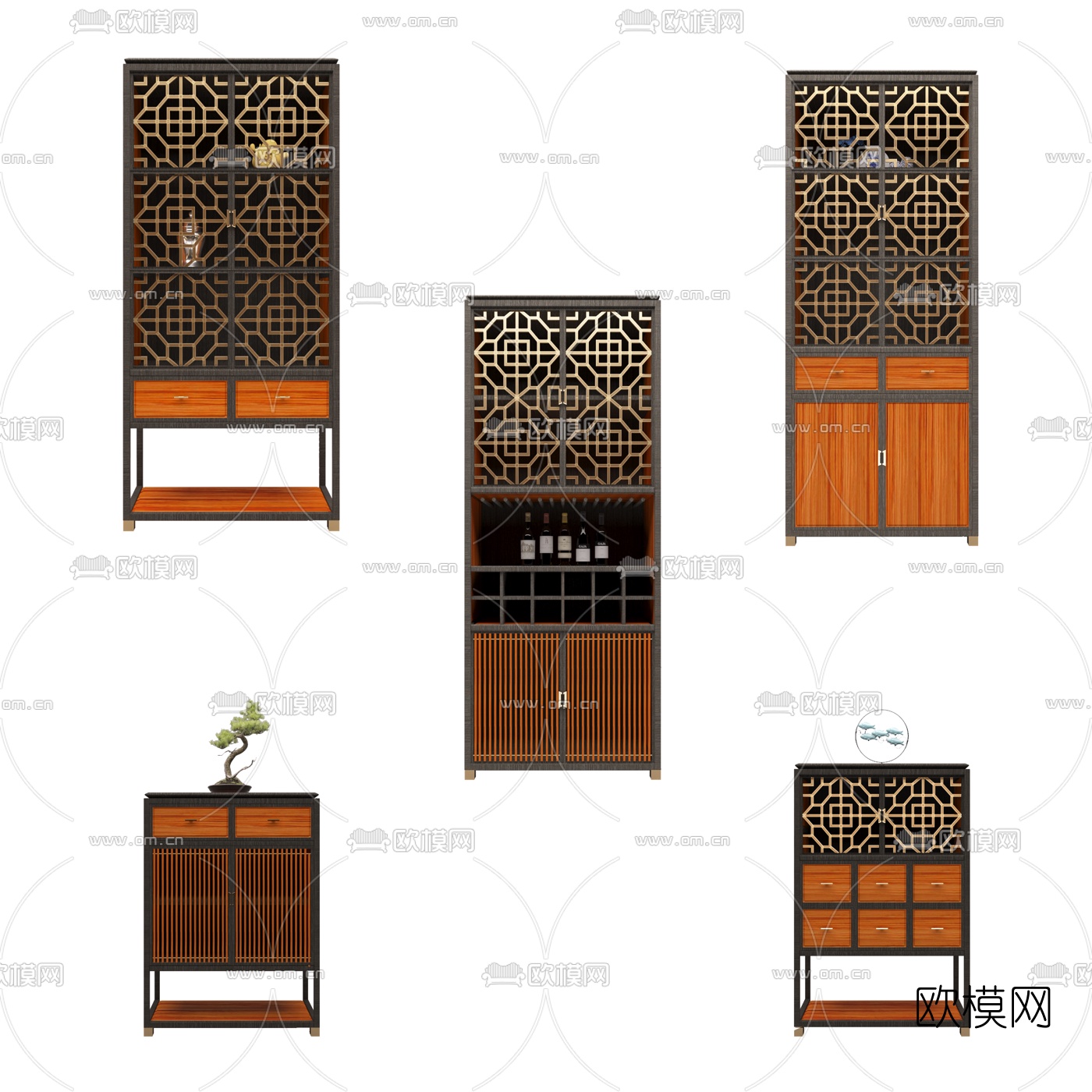 新中式实木酒柜储物柜3d模型下载