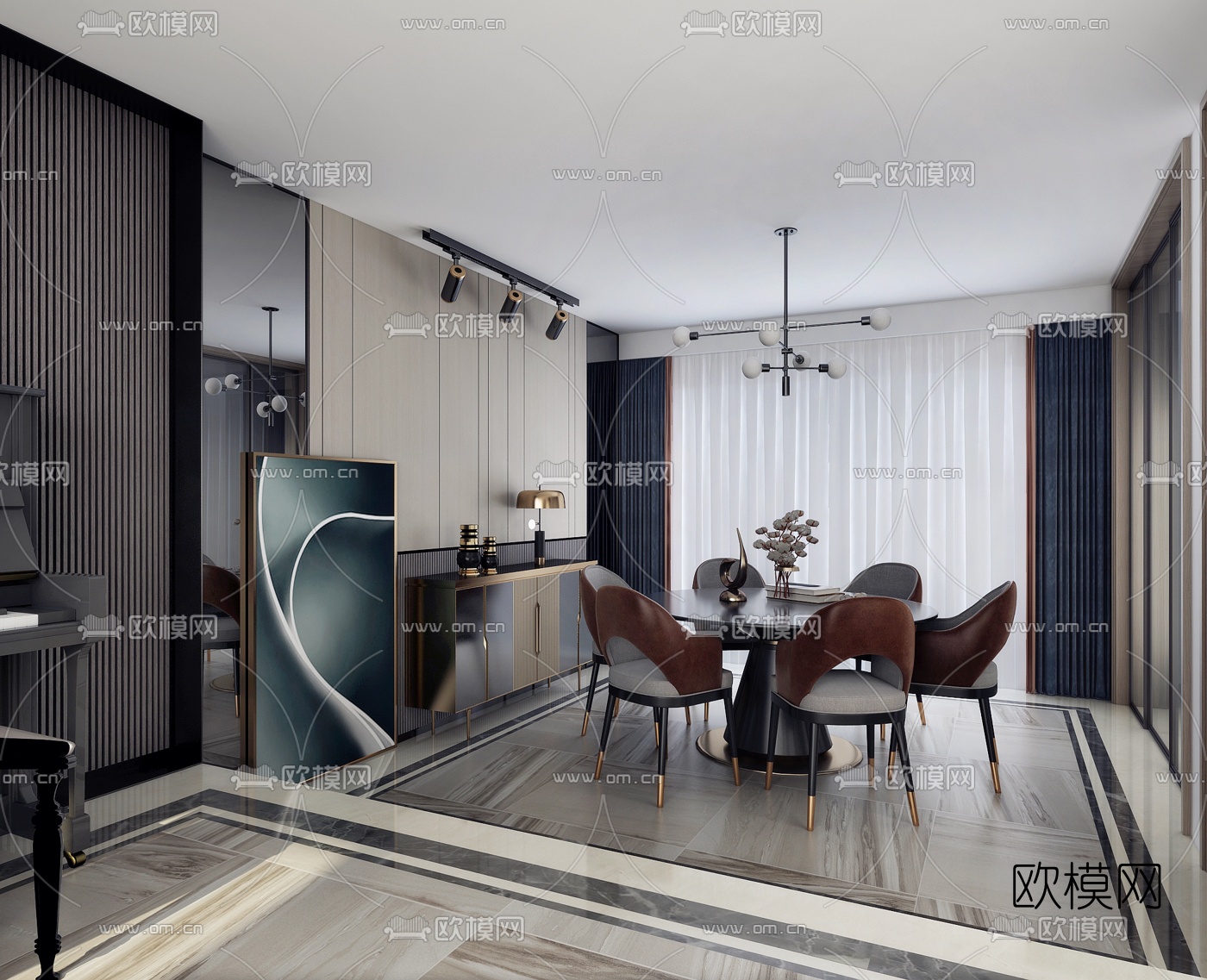 现代复式公寓客厅餐厅书房3d模型下载（渲染图2）