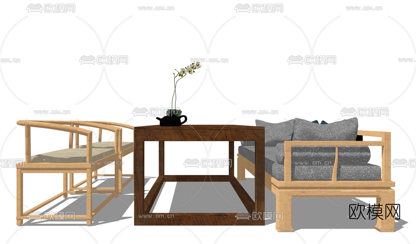 新中式实木茶桌椅su模型下载（渲染图2）