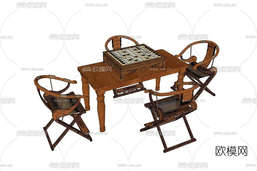 中式实木象棋桌椅免费su模型下载