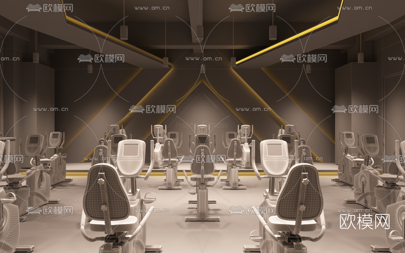 工业风动感单车健身房3d模型下载（渲染图3）