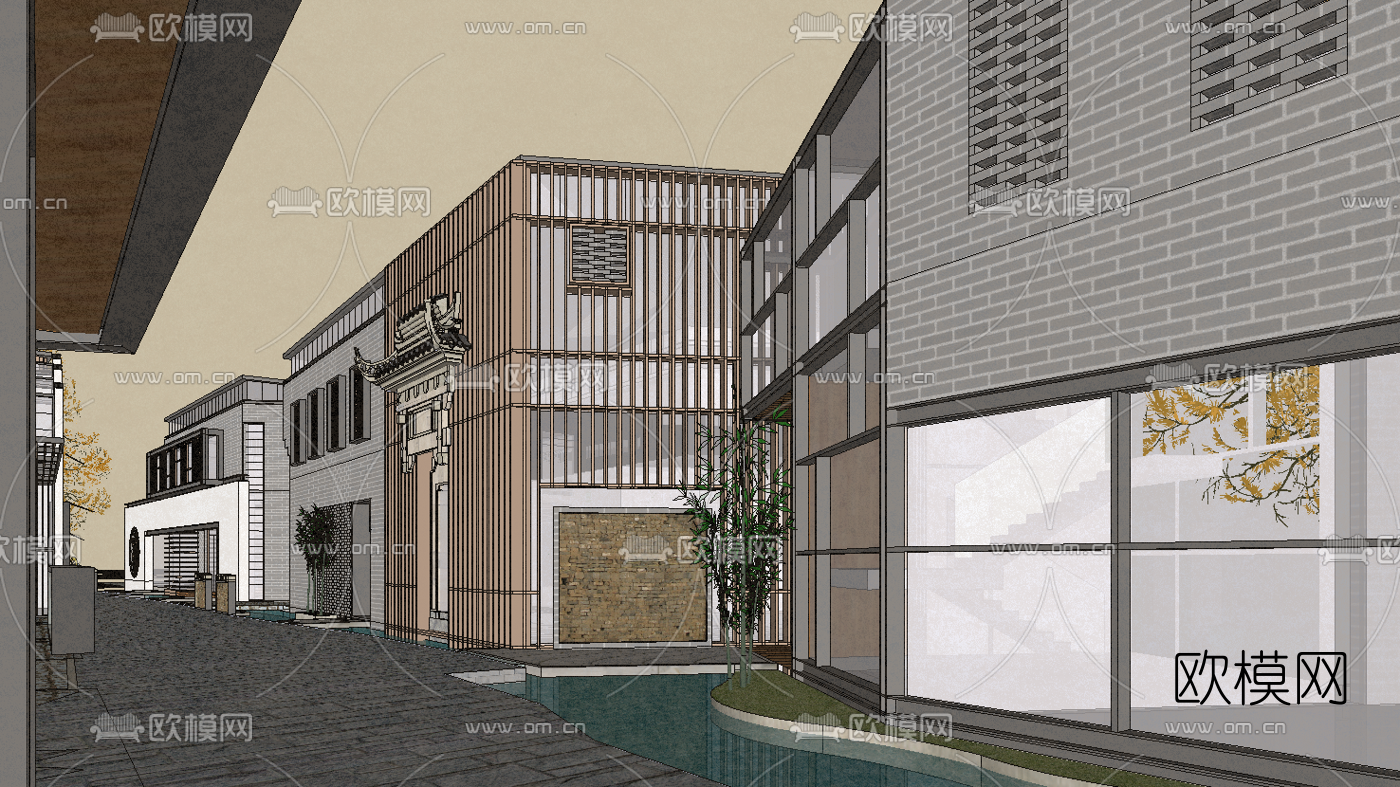中式古街古镇风景区外观su模型下载（渲染图6）
