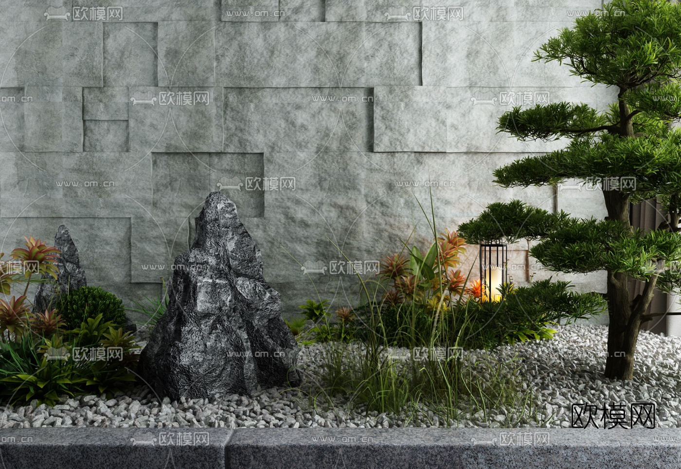 新中式松树山石景观小品3d模型下载