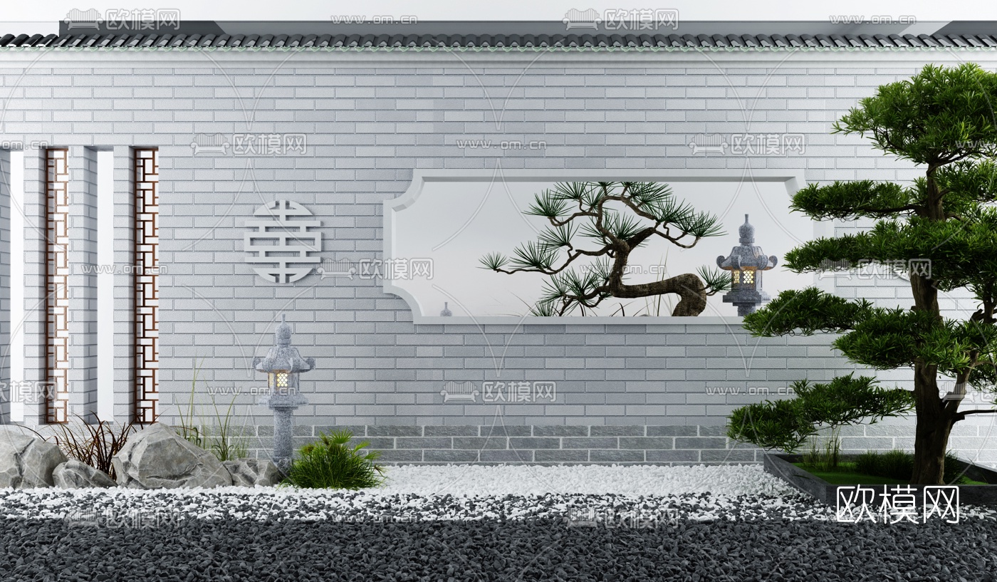 中式枯山水松树景观小品3d模型下载