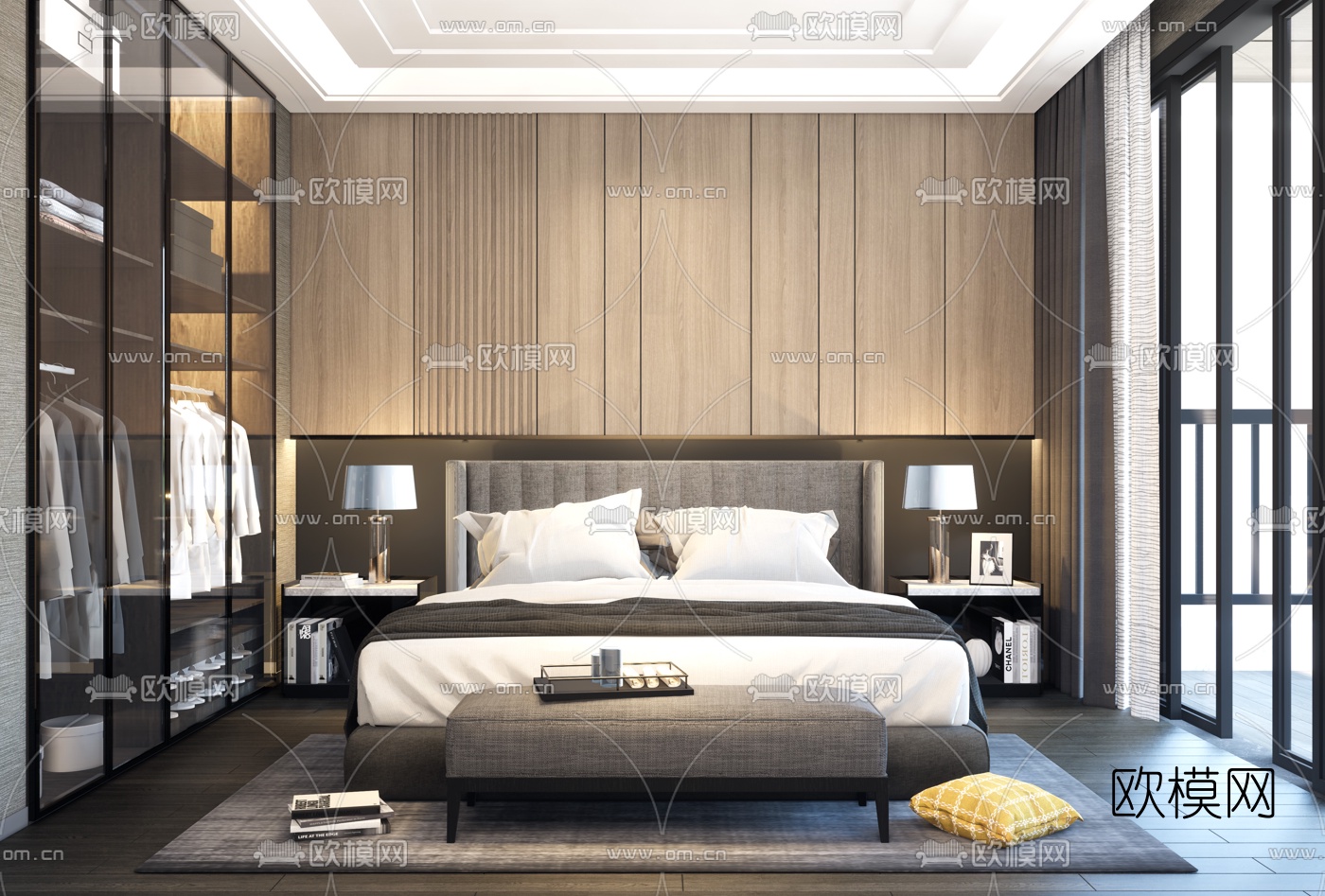 现代轻奢卧室su模型下载（渲染图1）