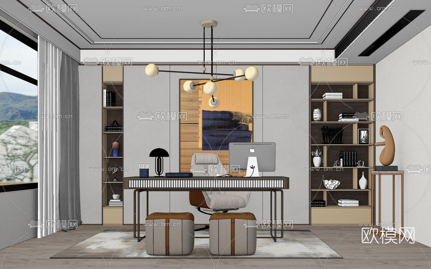 现代轻奢书房su模型