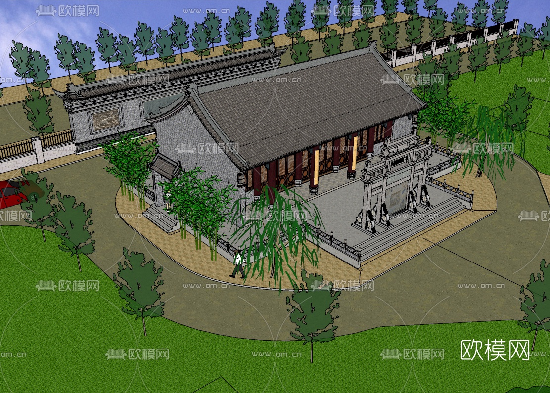 中式古建祠堂免费su模型下载