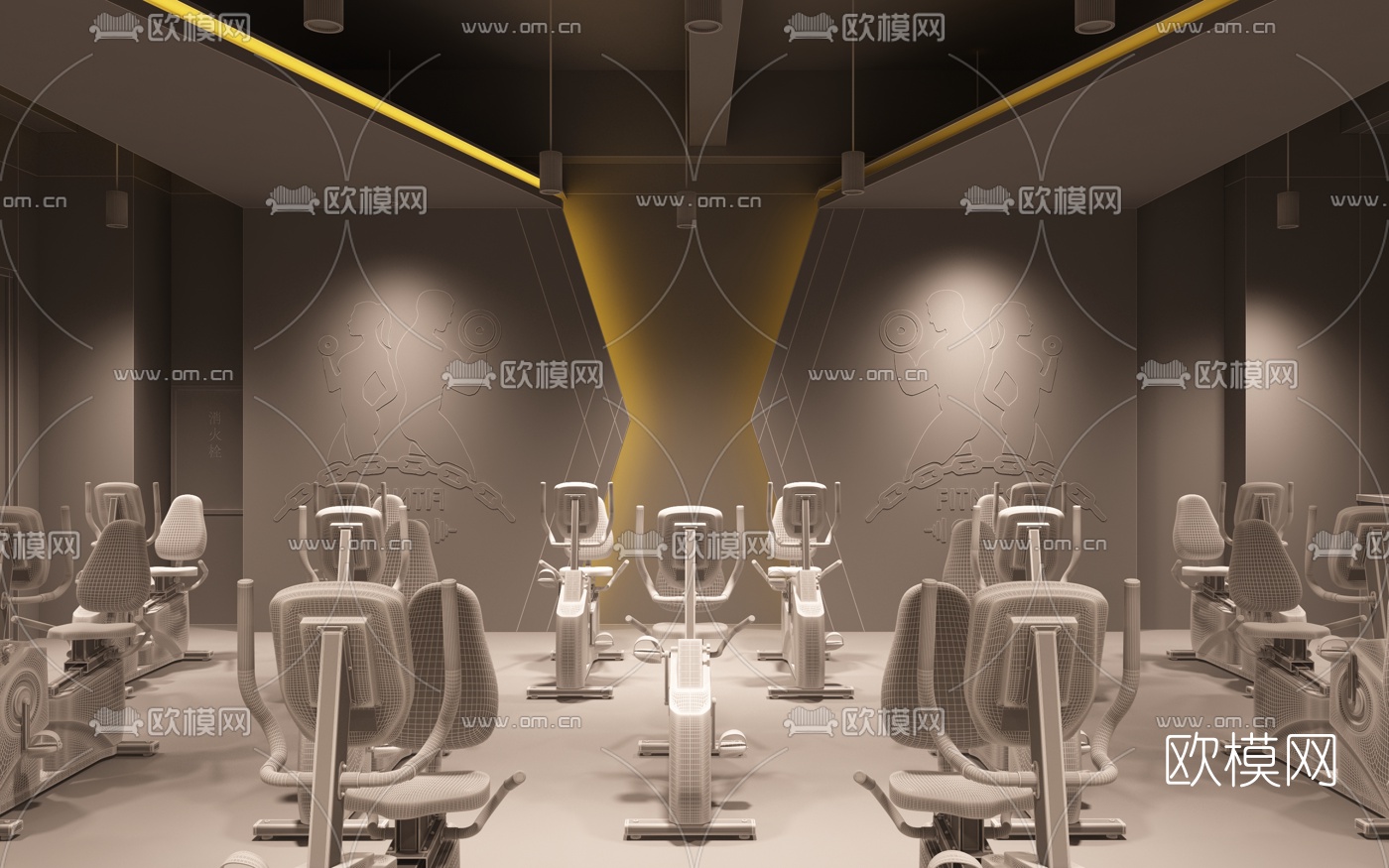 工业风动感单车健身房3d模型下载（渲染图4）