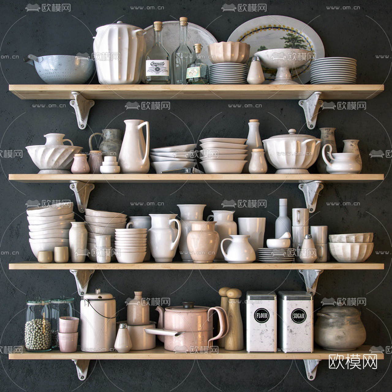 北欧厨房餐具器皿组合3d模型下载（渲染图1）