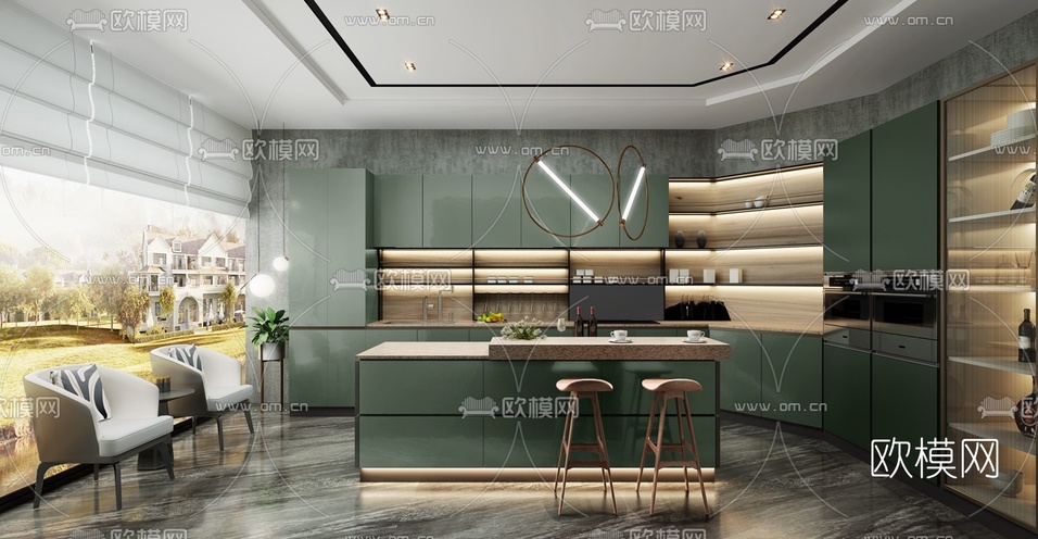 后现代轻奢厨房3d模型下载(渲染图1)