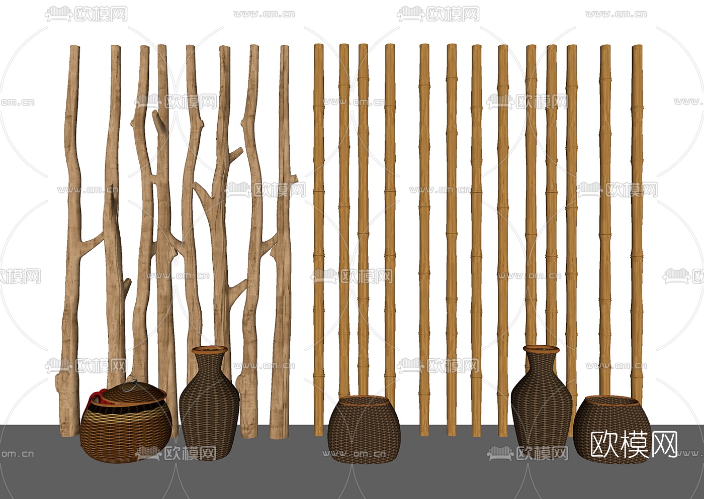 中式乡村竹子陶罐su模型下载