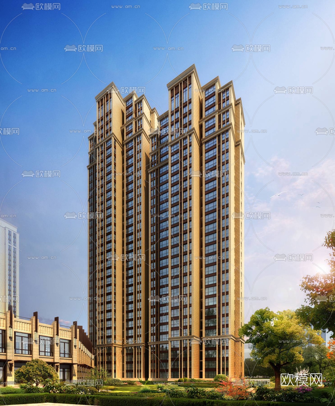 简欧高层住宅小区鸟瞰3d模型下载（渲染图2）