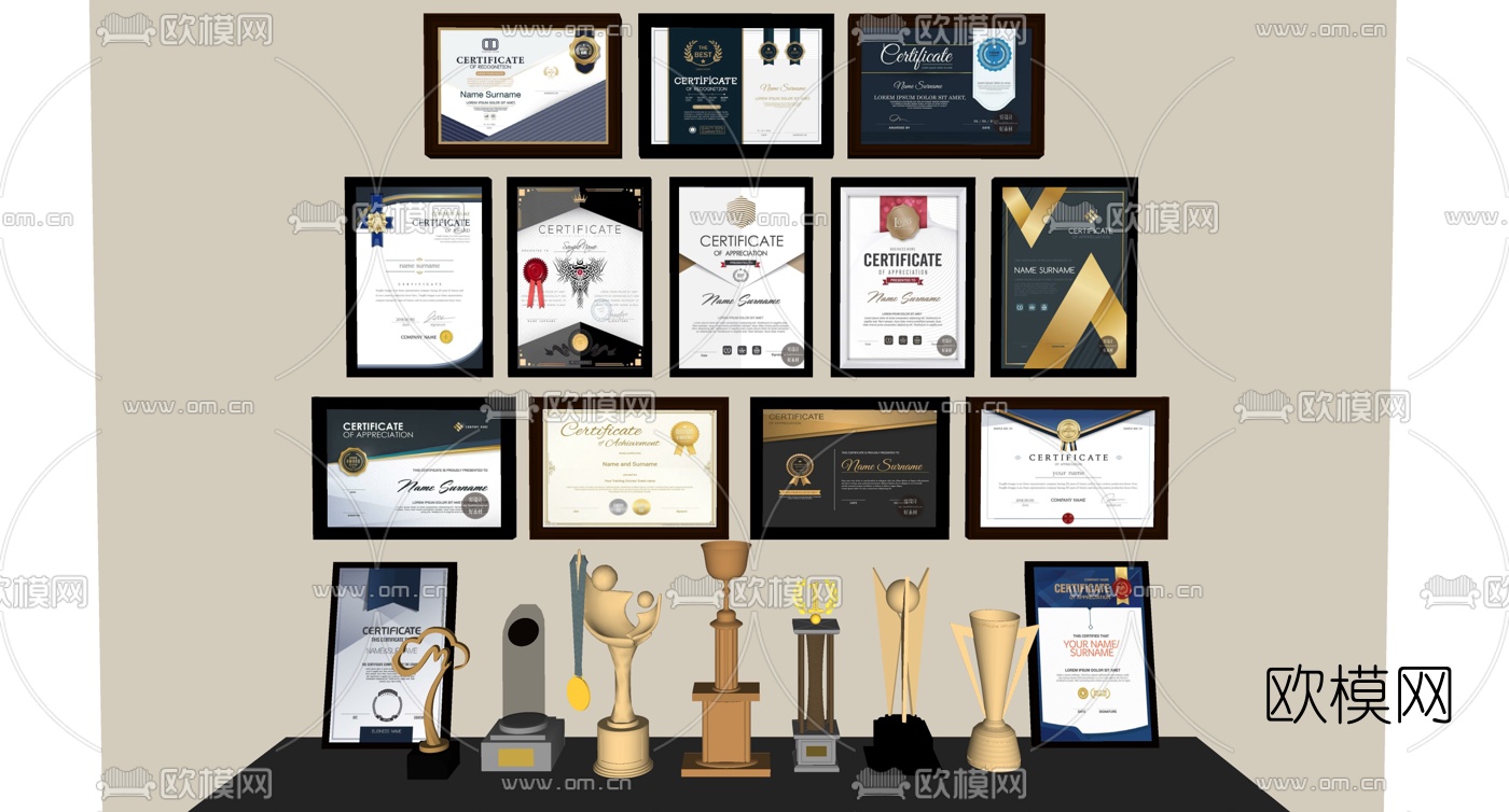 现代奖状证书奖杯su模型下载