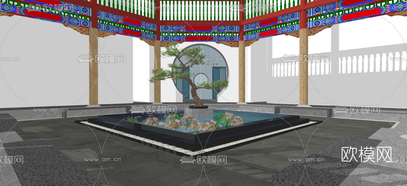 新中式院子水池景观小品su模型