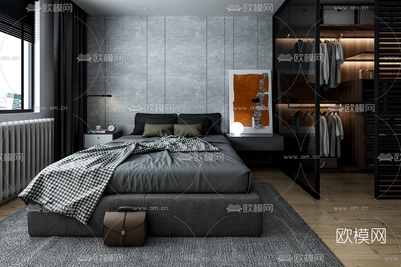 工业风卧室主人房3d模型下载（渲染图1）