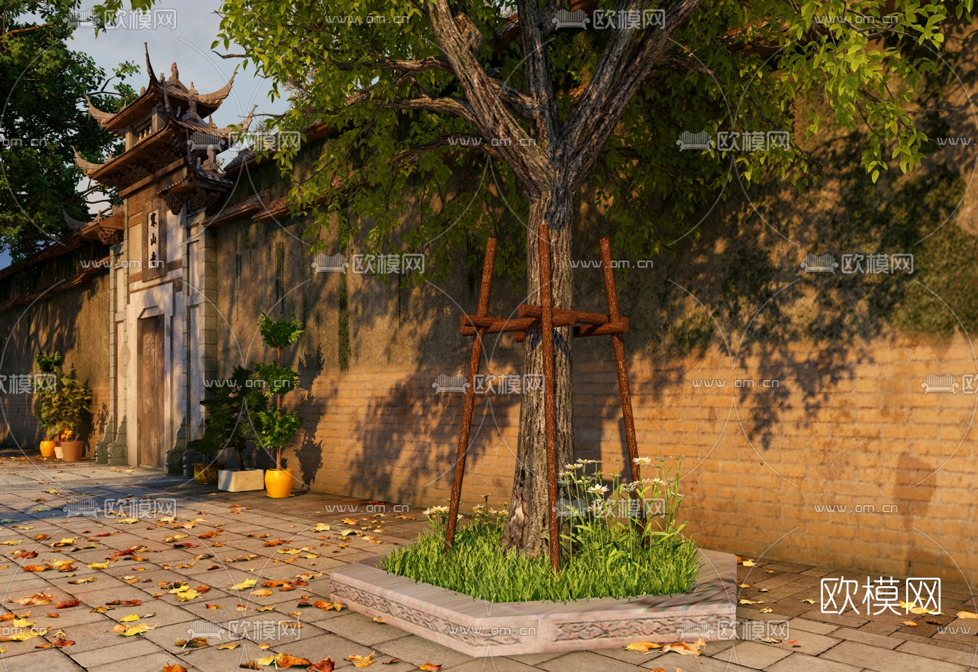 中式寒山寺院门面门头3d模型下载（渲染图2）