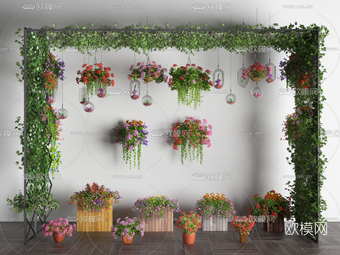 现代植物吊篮盆栽植物墙3d模型下载