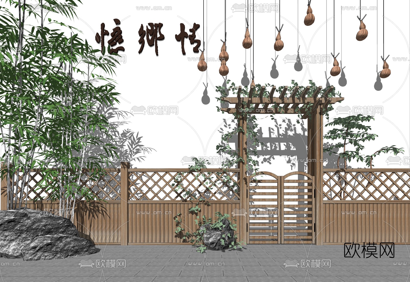 中式实木庭院围墙篱笆su模型