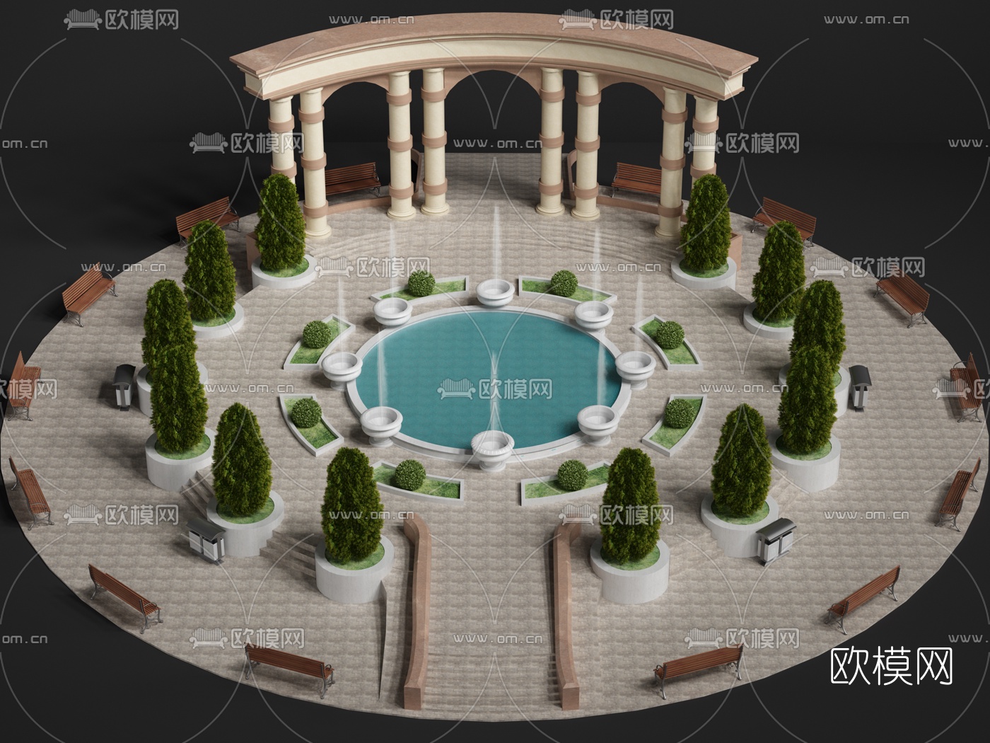 现代喷泉花坛景观水景3d模型下载