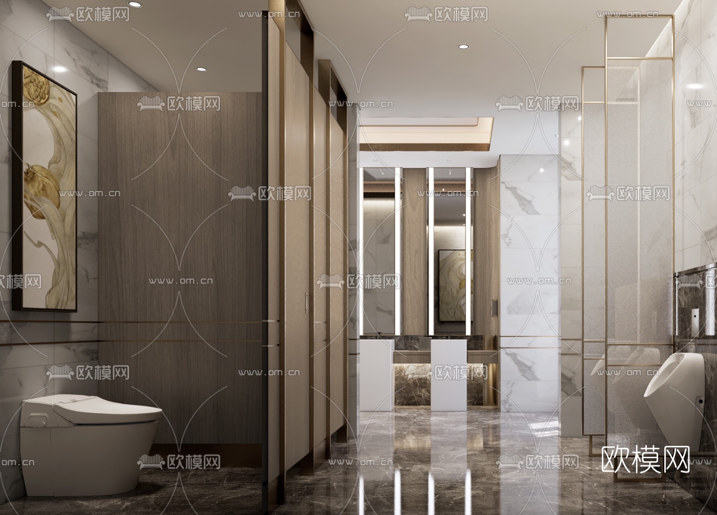 现代酒店公共卫生间su模型下载（渲染图1）